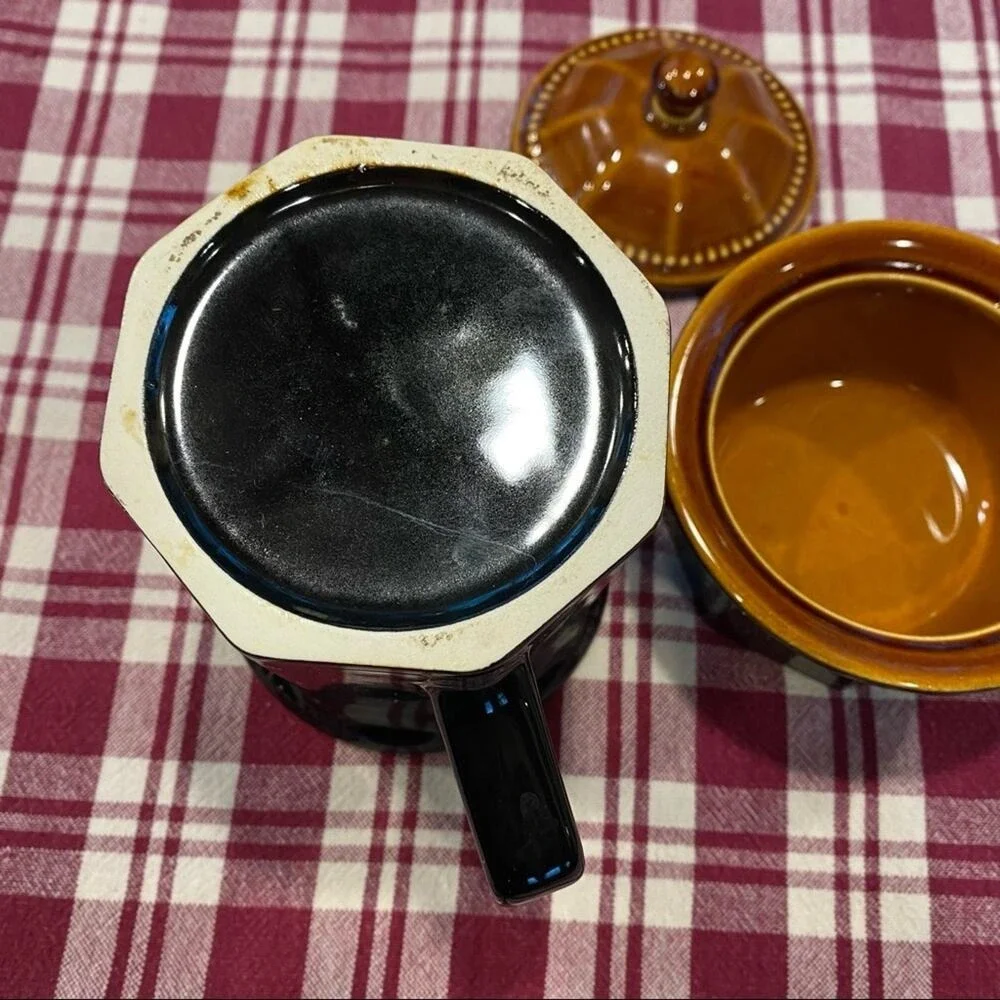 VTG Sears Octagon Amber‎ 3-Piece Set Pitcher, Lidded Sugar Bowl Pattern 4567 USA